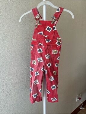 Vintage 80s/90s Southern Classics overalls red railroad train USA cotton size 4